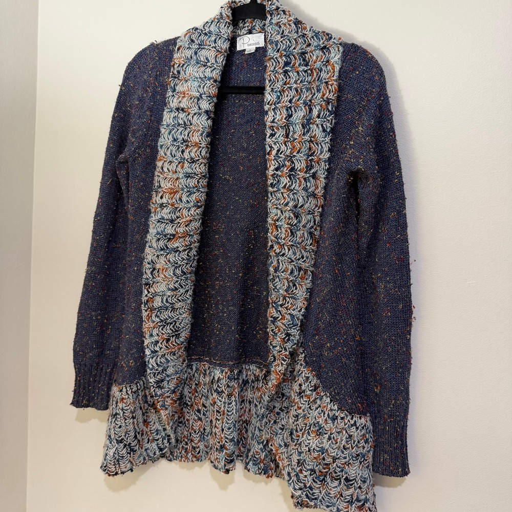 Open Front Cardigan Sweater Boho Chic Marled Tweed Knit Trim Cozy Layering Fall